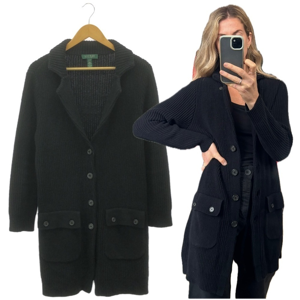 Ralph Lauren Black Knit Ribbed Button Down Shawl Collar Utility Cardigan Sweater